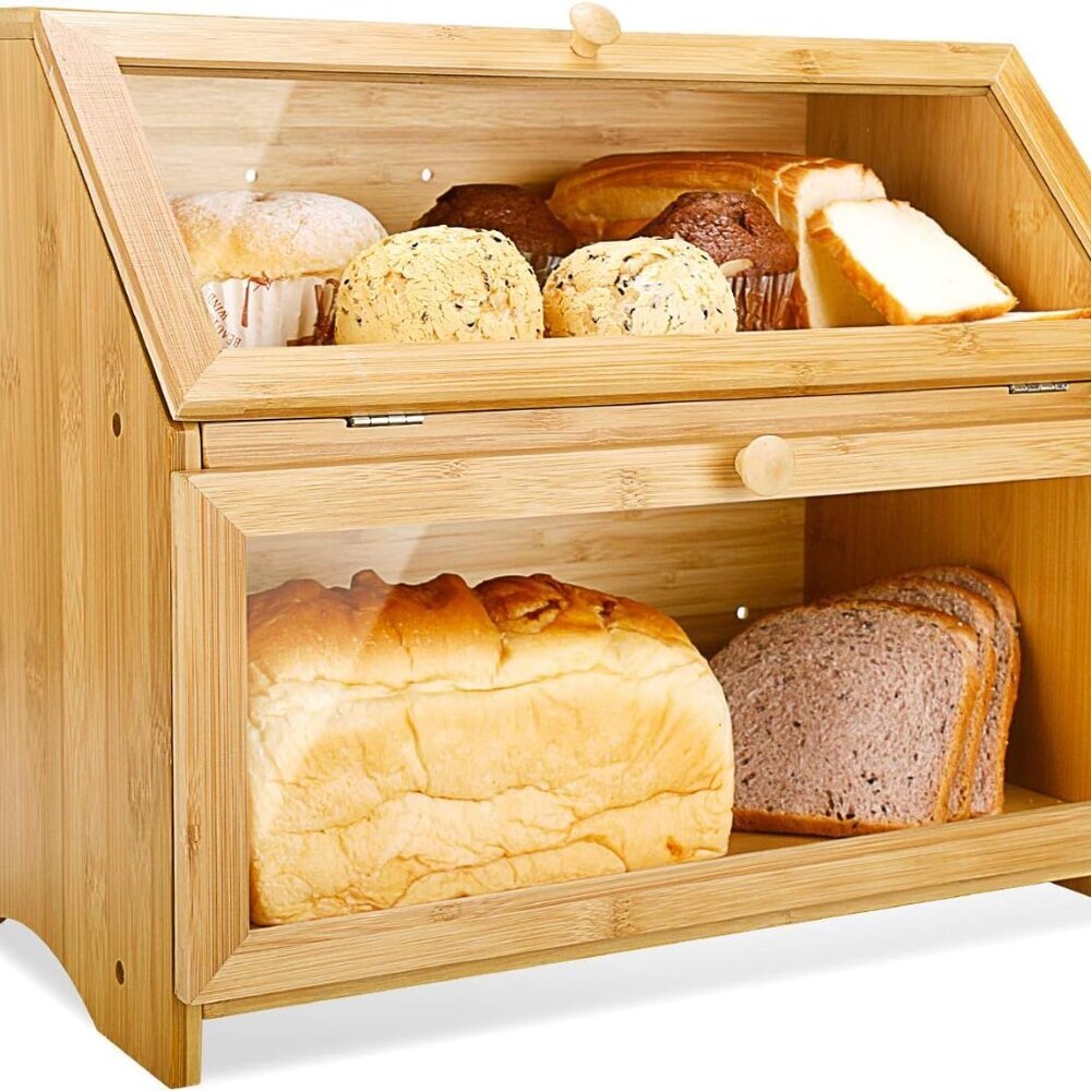 Double Layer Large Bread Box for Kitchen Counter, Wooden Large Capacity Bread St